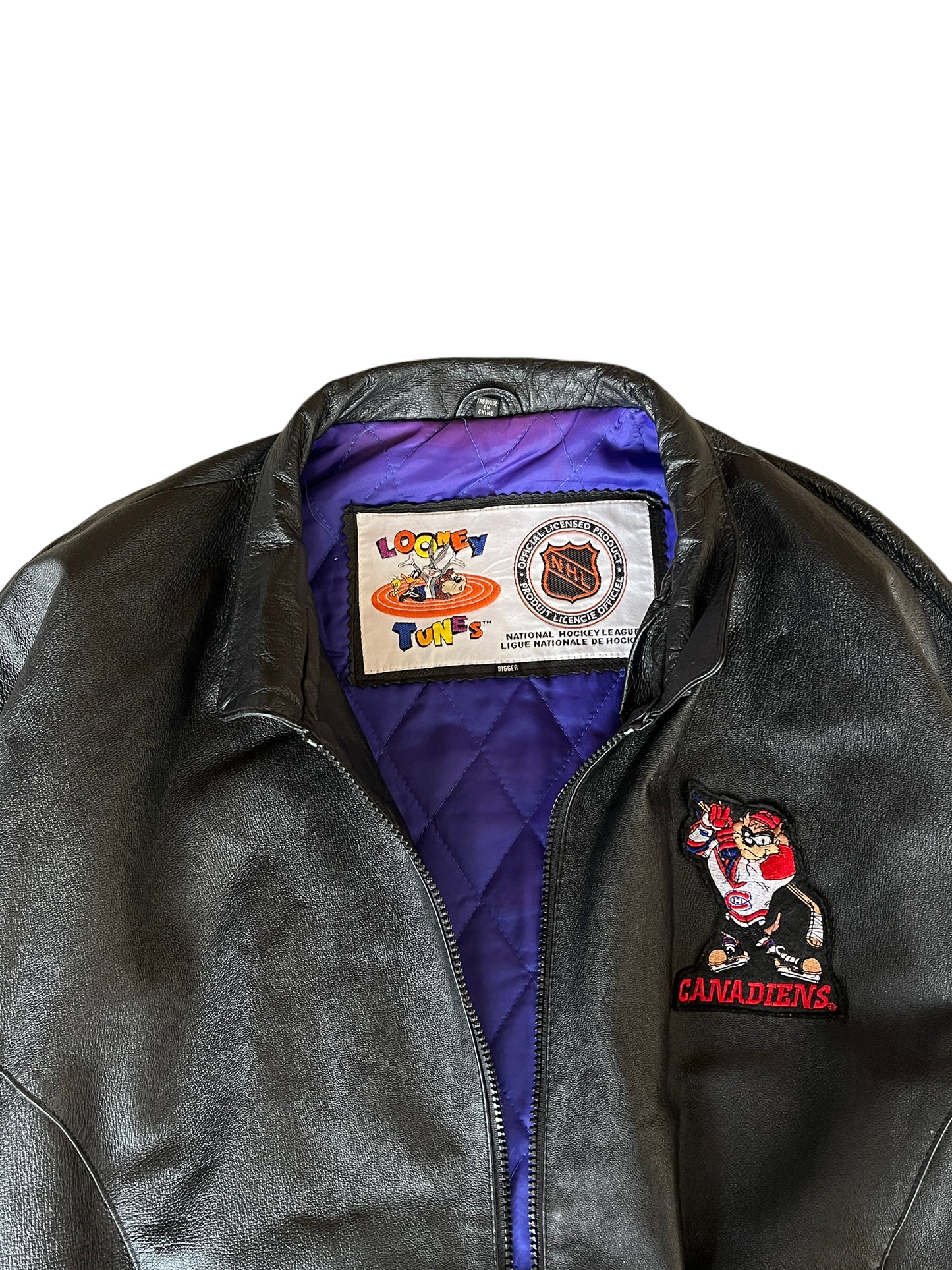 Rare Vintage 90's Looney Tunes Tasmanian Devil "Montreal Canadiens" Leather Jacket